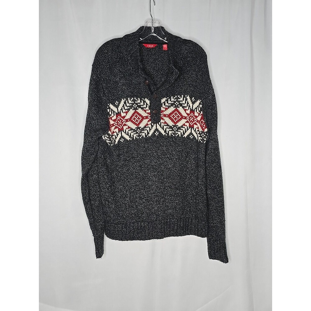 IZOD 1/4 Button Gray Ski Lodge Fair Isle Nordic Design Pullover Sweater Men's L